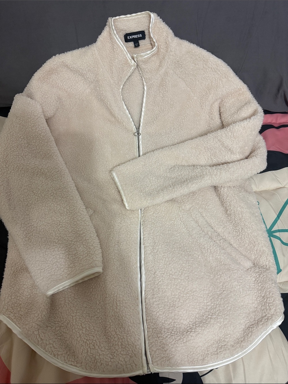 Express Women's Cream Teddy Sherpa Zip Jacket
